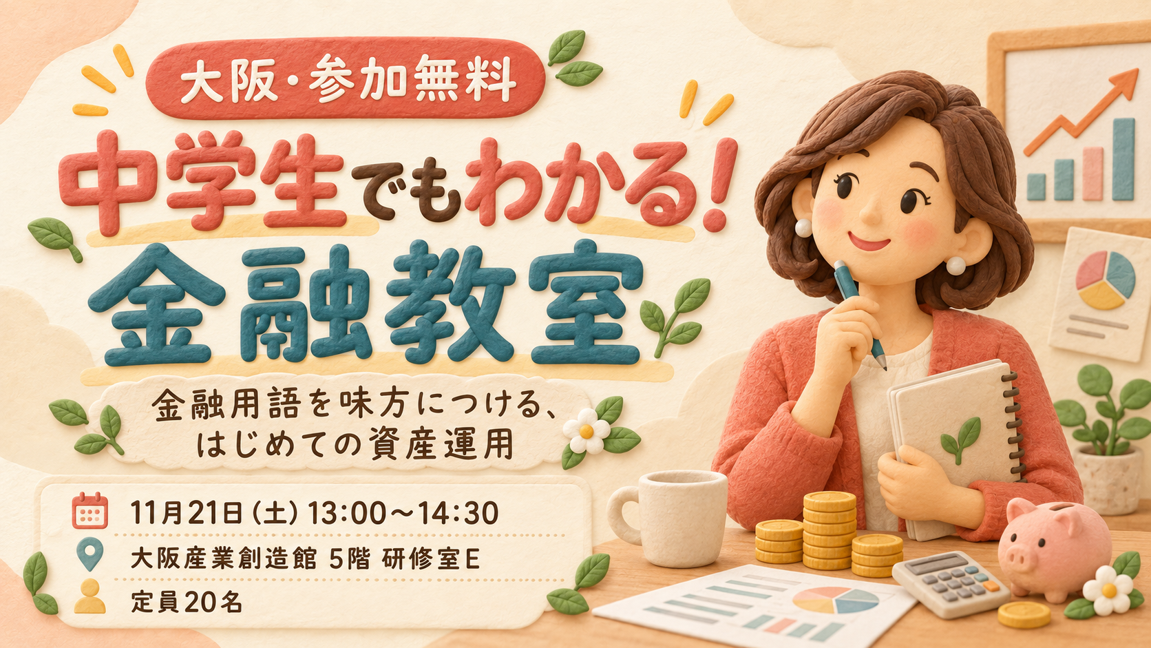 大阪で開催する大人向け無料金融教室。11月21日にNISAや資産運用の基礎を学ぶ